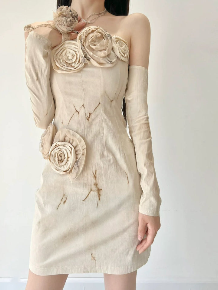 BY COOKIE H. FLORAL FALLEN FOREST TULLE TUBE DRESS/ DIRTY TEA COLOR