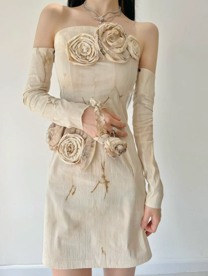 BY COOKIE H. FLORAL FALLEN FOREST TULLE TUBE DRESS/ DIRTY TEA COLOR