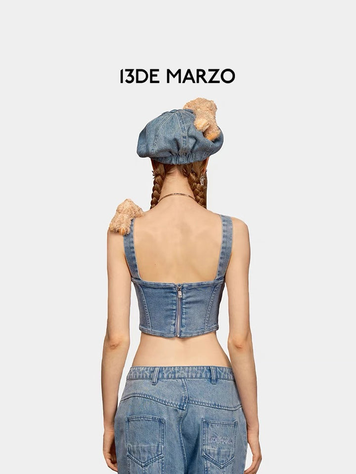 13De Marzo PLUSH BEAR CURVED DENIM VEST