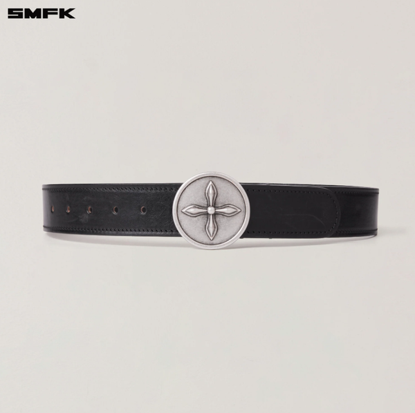 COMPASS CIRCULAR BADGE HANDCRAFT HORSE LEATHER BELT WILD BLACK