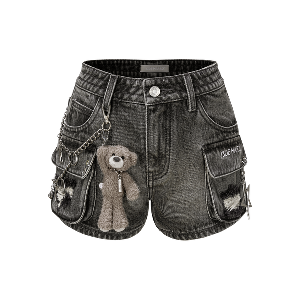 CHAINS WASHED DENIM SHORTS