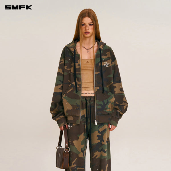 COMPASS MODE CAMO LOOSE ZIP HOODIE ARMY GREEN CAMOUFLAGE