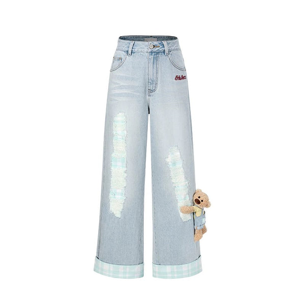 PLAID CUFFED SLEEVE DENIM PANTS