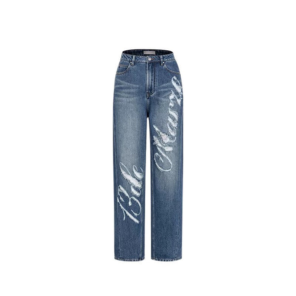 DISTRESSED LOGO DECORATED JEANS