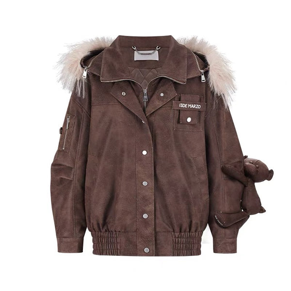 DOOZOO DETACHABLE FUR COLLAR LEATHER JACKET