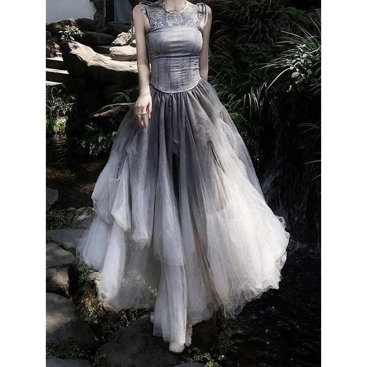 By Cookie H. XIOMARA TULLE SLIP DRESS 8.0/HAND DYE IN FADE DYE GREY PURPLE