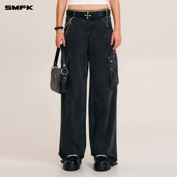 RAGE-WILD ORIGIN HANDCRAFT LOOSE STRAIGHT CARGO PANTS/GARMENT DYED WILD BLACK