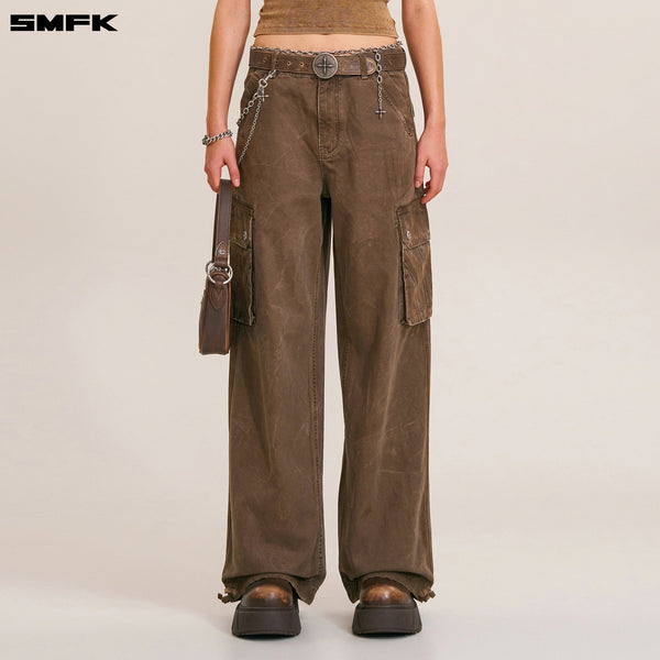 RAGE-WILD ORIGIN HANDCRAFT LOOSE STRAIGHT CARGO PANTS/GARMENT DYED SHADOW BROWN