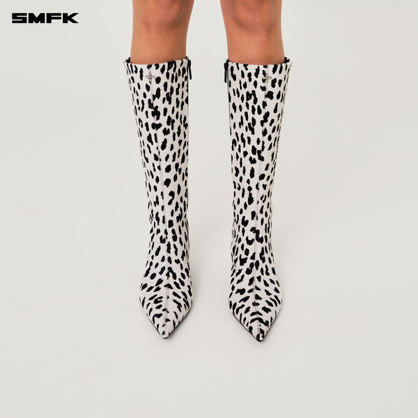 COMPASS RIVET CROSS STUDDED CLASSIC FUR HEELED BOOTS WOMEN'S SHOES WHITE LEOPARD PRINT