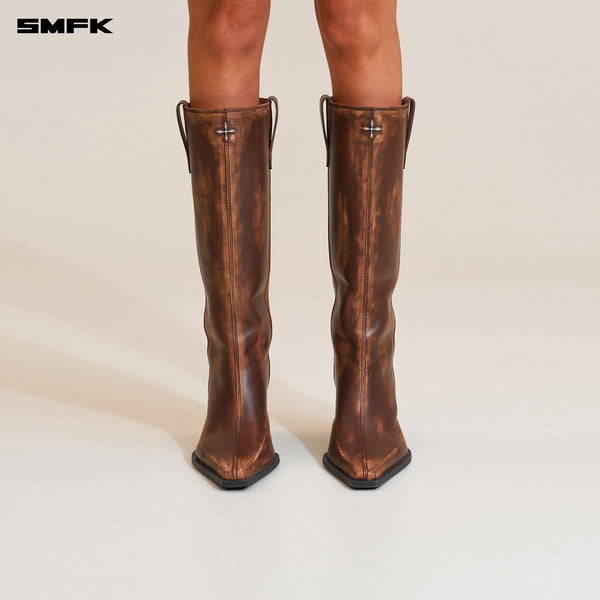 COMPASS BADGE SWORD LEATHER HIGH HEEL BOOTS WILD HORSE BROWN PATINA