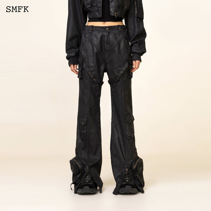 SMFK ANCIENT MYTH BLACK PANTHER WAXED FLARED PANTS