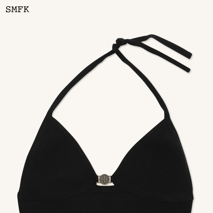 SMFK COMPASS CROSS KNITTED HALTER-NECK TOP BLACK