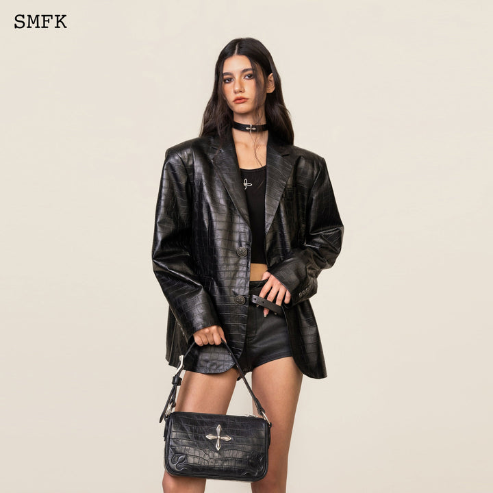 SMFK COMPASS CROSS LEATHER THICK CHOKER IN BLACK
