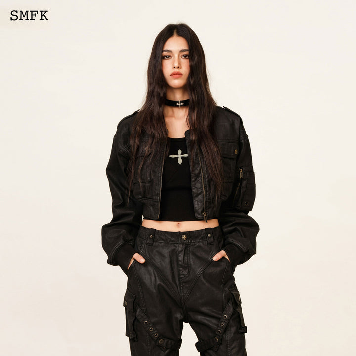 SMFK COMPASS CROSS LEATHER THICK CHOKER IN BLACK
