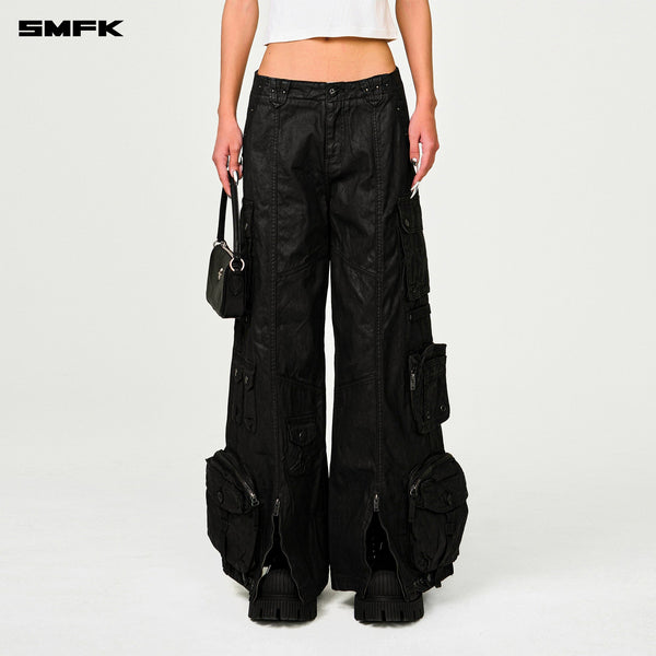 COMPASS WILD CYBER MUSTANG WAXED WIDE-LEG PANTS IN BLACK