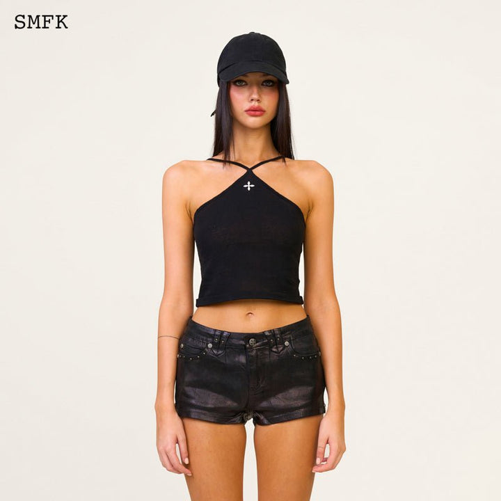 SMFK TEMPLE TRADITIONAL BLACK KNITTED CROSS SLING TOP