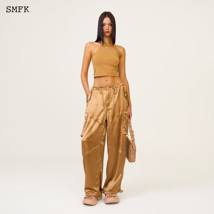 SMFK TEMPLE TRADITIONAL PLAIN KNITTED SLING VEST TOP GOLDEN