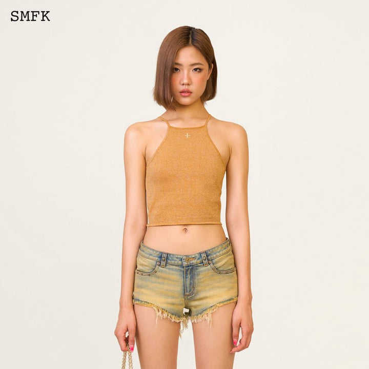 SMFK TEMPLE TRADITIONAL PLAIN KNITTED SLING VEST TOP GOLDEN