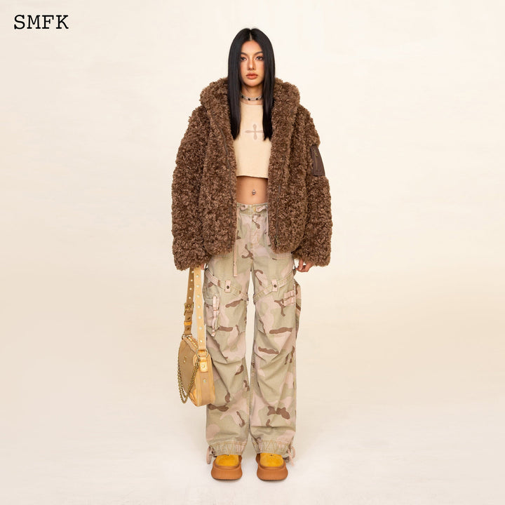 smfk WILDWORLD ADVENTURE OUTDOOR FAUX FUR HOODIE IN BROWN