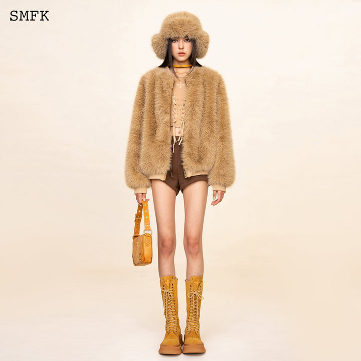 SMFK WILDWORLD BASEBALL FAUX FUR JACKET IN WHEAT