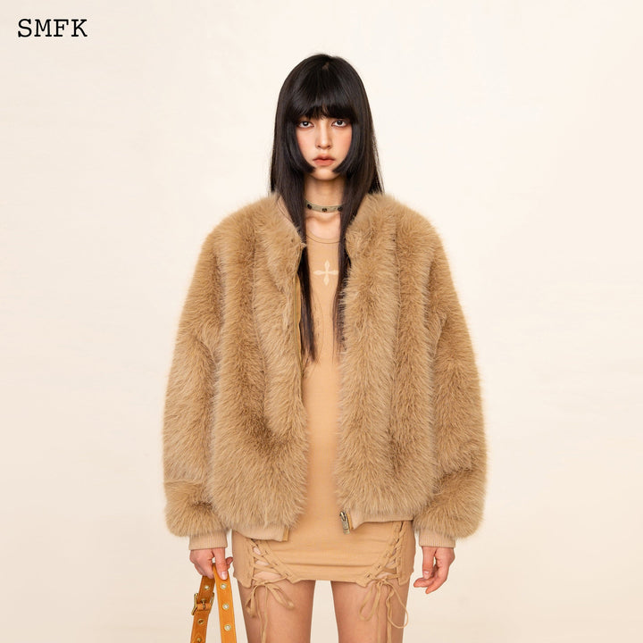 SMFK WILDWORLD BASEBALL FAUX FUR JACKET IN WHEAT