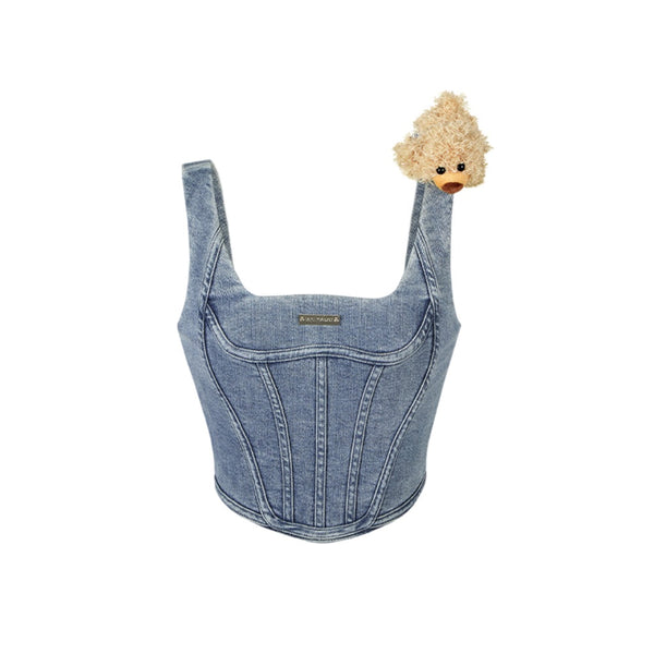 13De Marzo PLUSH BEAR CURVED DENIM VEST