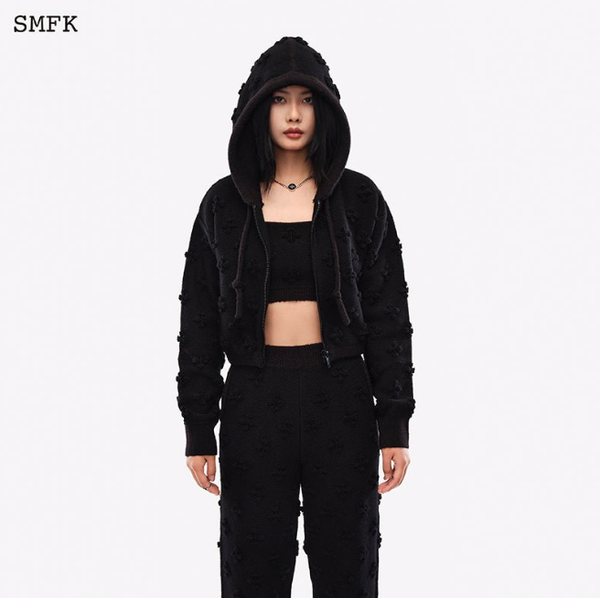 BLACK GARDEN WOOL KNIT SHORT HOODIE