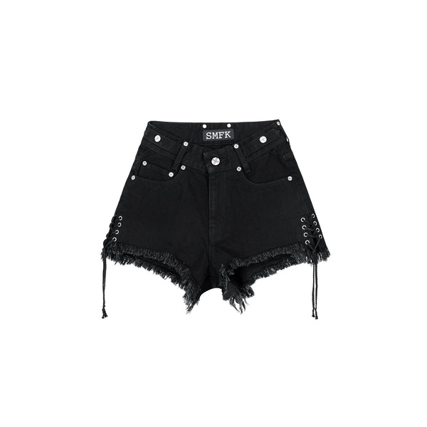 BLACK STRAY DENIM SHORTS