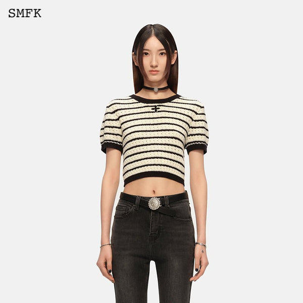 VINTAGE COLLEGE STRIPED SHORT TEE WHITE AND BLACK